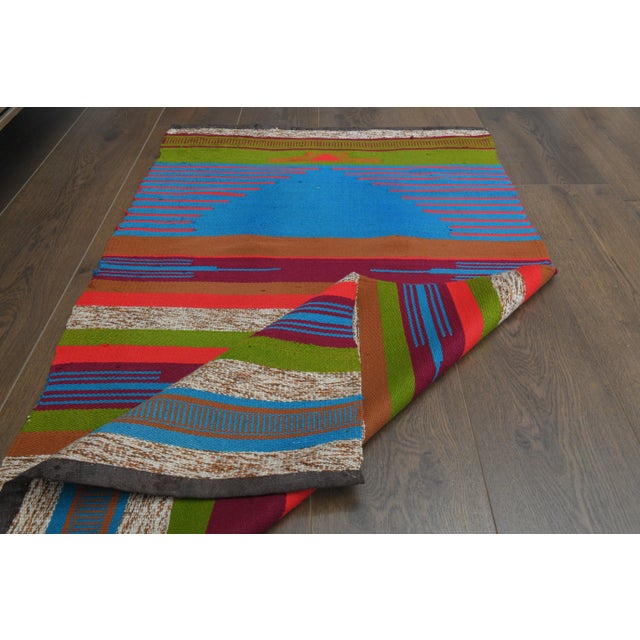 1970s Vintage Turkish Oushak Handmade Wool Cotton Blue Runner Rug For Sale - Image 9 of 11