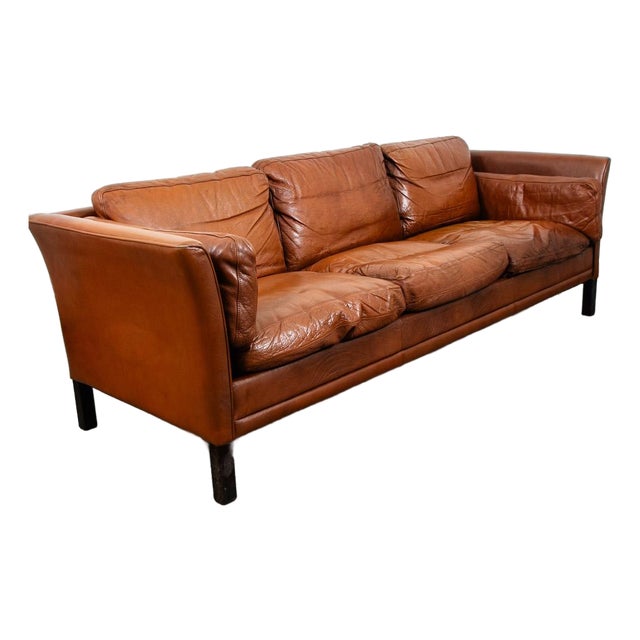 Mid Century Danish Modern Sofa Settee 3 Seater Brown Cognac Leather Denmark MCM For Sale