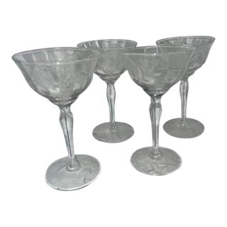 Set of 4 Sherry Stem Glasses With Cut Glass Roses & Leaves For Sale