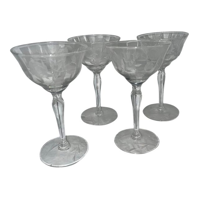 Set of 4 Sherry Stem Glasses With Cut Glass Roses & Leaves For Sale