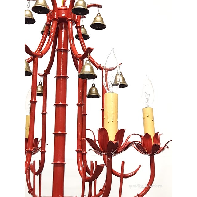 Mid-Century Modern Fabulous Italian Tole Vintage Red Faux Bamboo Pagoda With Brass Bells Chandelier ~ Rewired ~ Restored ~ Rejuvenated For Sale - Image 3 of 12