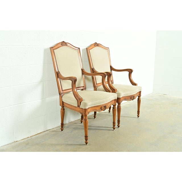 Baker Furniture Company Baker Furniture Style French Regency Louis XVI Carved Walnut Armchairs or Dining Captain Chairs, Pair For Sale - Image 4 of 13