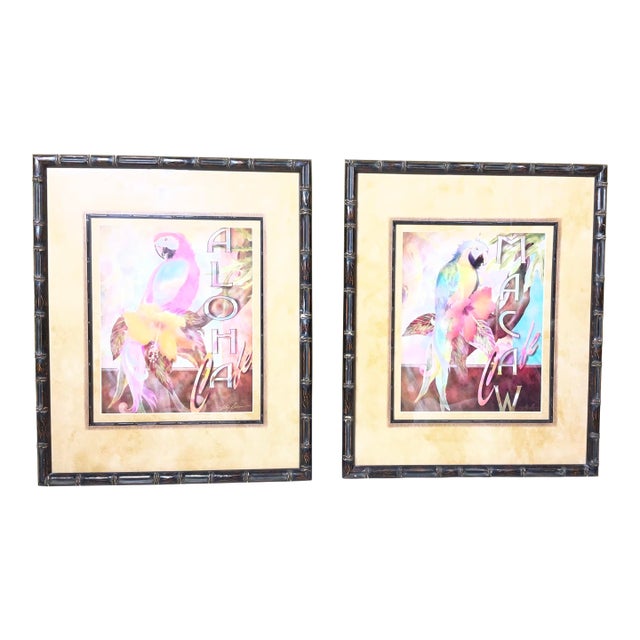 Set of 2 Alma Lee Tropical Macaw Café Framed Art Prints - Bamboo Frames For Sale