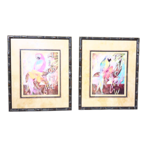Set of 2 Alma Lee Tropical Macaw Café Framed Art Prints - Bamboo Frames