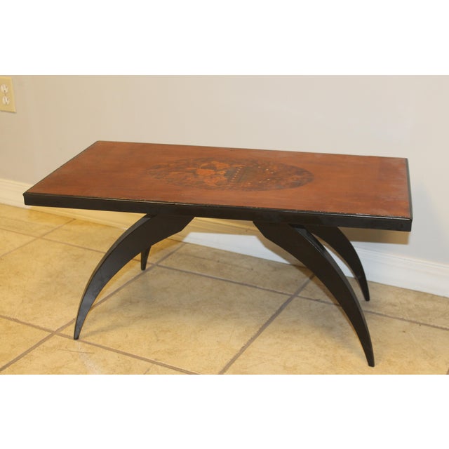 1940's French Art Deco Exotic Sabre Leg Low Accent/ Side Table. The most beautiful design! Walnut top with Burl Amboyna/...