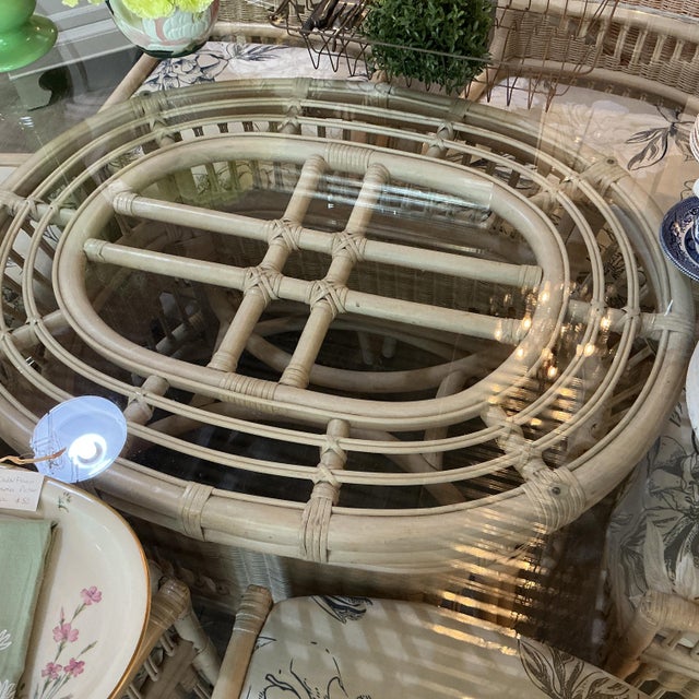 1980s Vintage Rattan Wicker Dining Set Oval Beveled Glass Table 6 Chairs Coastal Boho For Sale - Image 5 of 9