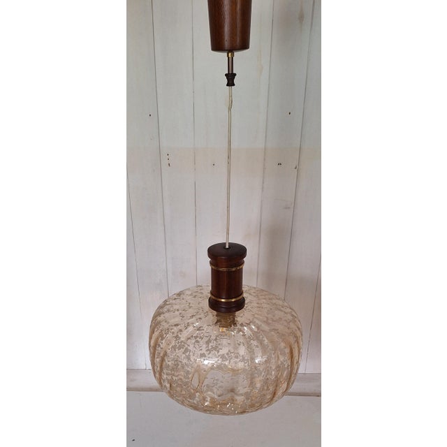 Vintage Ceiling Lamp with Amber-Tinted Glass Shade on Mahogany and Brass Mount, 1980s For Sale - Image 4 of 7