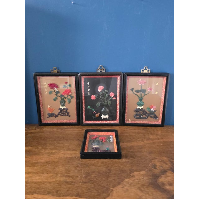 1950s Chinese Style Hardstone Floral Panels With Jade-Tone Carving, Set of 4 For Sale - Image 9 of 18