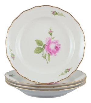 German Pink Rose Deep Dinner Plates from Meissen, 1930s, Set of 4