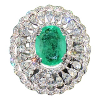 GIA Certified Natural 13.1CTS Colombian Emerald VS F Diamond 18K Solid Gold Cocktail Dome Ring, size 6.25 For Sale