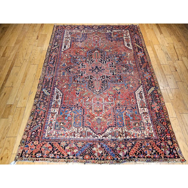 Red Antique Persian Heriz Karajah Rug, Hand-Knotted Wool, Geometric Medallion Pattern, Brick-Red & Navy, 9x12 For Sale - Image 8 of 17