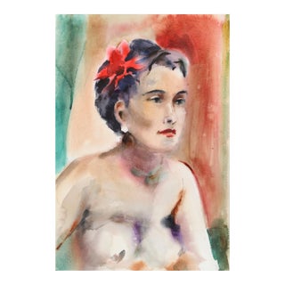 1960s "Nude with Flower in Her Hair P1.26" Watercolor Painting by Eve Nethercott For Sale