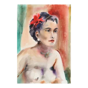 1960s "Nude with Flower in Her Hair P1.26" Watercolor Painting by Eve Nethercott