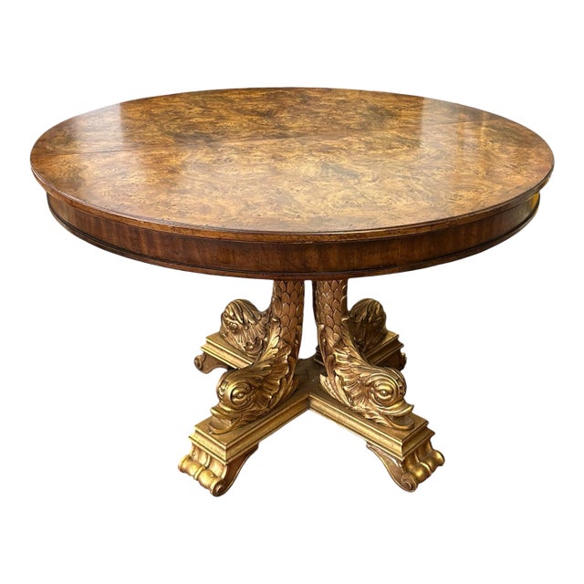 Mid 20th Century Impressive Regency Burled Fruitwood Pedestal Center Table With Gilded Dolphin Base For Sale