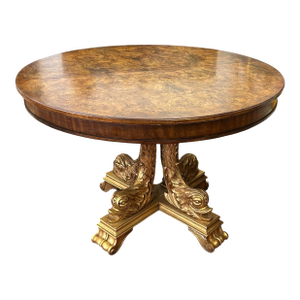 Mid 20th Century Impressive Regency Burled Fruitwood Pedestal Center Table With Gilded Dolphin Base