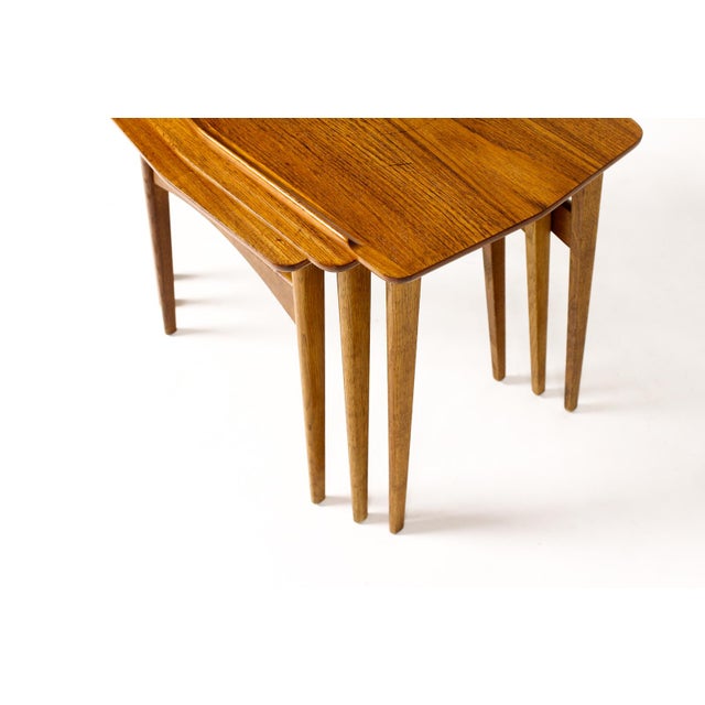 Danish Modern Mid Century Vintage Teak + Oak Nesting Tables — Set of Three — Attributed to Svend Aage Madsen For Sale - Image 11 of 15