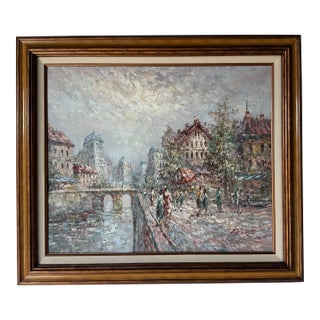 Vintage Marie Charlot Parisian Street Scene Oil on Canvas Painting – Framed For Sale