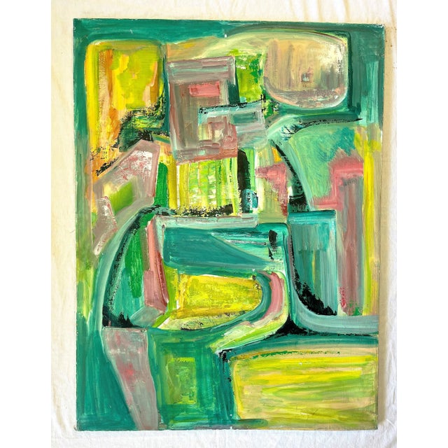 Mid-Century Modern Original Cubist Painting on Canvas by L. Morrison "Geometric Dance" For Sale - Image 3 of 12