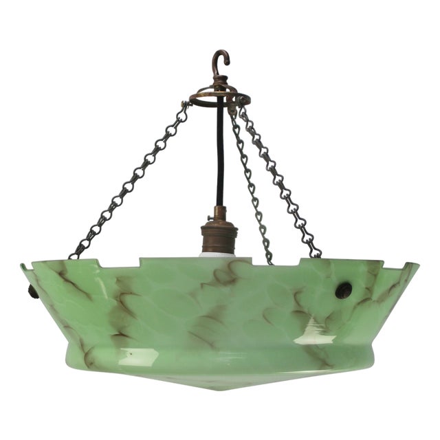 Art Deco Pendant Lamp in Brass and Green Glass, France, 1920s For Sale