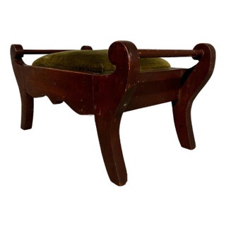 Antique Edwardian Mahogany Footstool With Sage Velvet Cushion For Sale