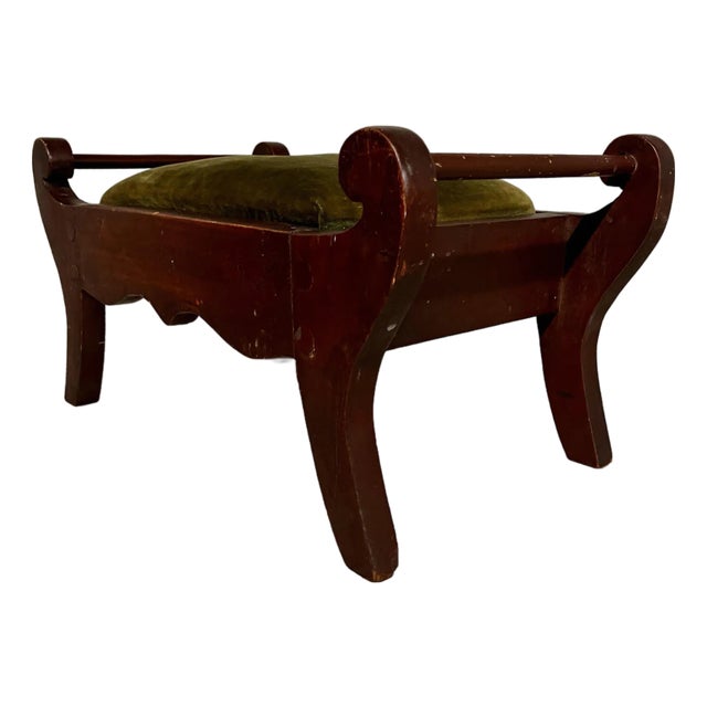 Antique Edwardian Mahogany Footstool With Sage Velvet Cushion For Sale