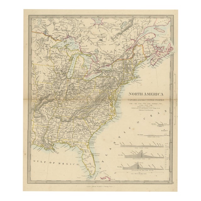 Antique Map of Canada and the United States with Canal Profiles, 1858 For Sale