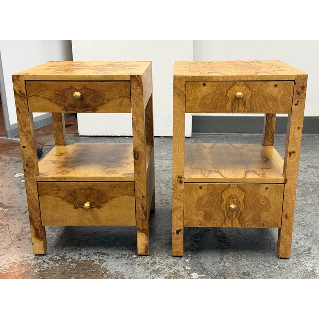 Design Plus Gallery presents a Pair of the Lindsey Nightstands from Made Goods. This pair showcases burled wood veneer...