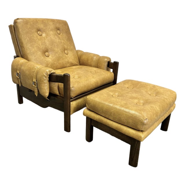 Vintage Tan Vinyl and Walnut Armchair & Ottoman For Sale