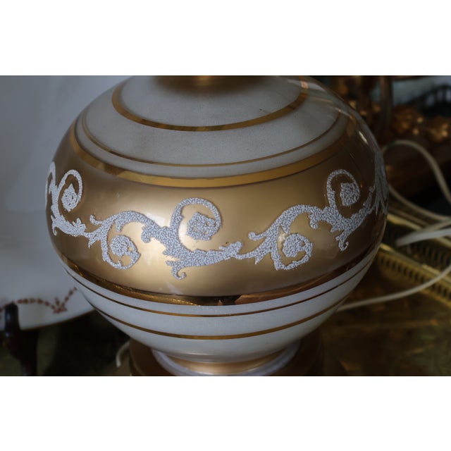 Vintage Hollywood Regency Gold and White Satin Glass Table Lamp For Sale - Image 12 of 18