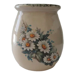 Mid 20th Century Marshall Pottery Crock Pot Daisy Flowers Blue Sponge Design Rim