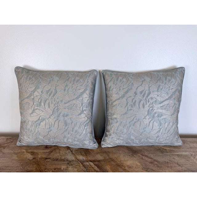 Neoclassical Fortuny Cotton Damask Throw Pillows, Venetian Floral Motif, Aqua & Silver Pair For Sale - Image 3 of 10