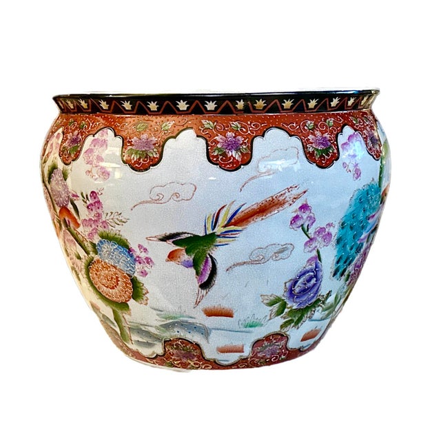 Vintage Chinese Porcelain Jardiniere Fishbowl Planter, 11” W x 14” H A stunning hand-painted porcelain fishbowl planter...
