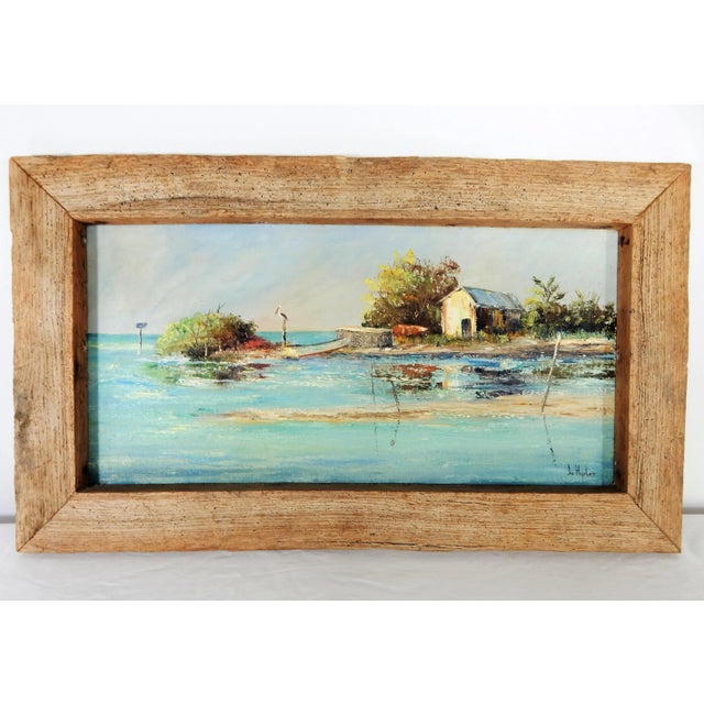 Authentic vintage Florida Keys painting of a waterway "Channel Cut", oil on canvas signed "Jo Hipler" in lower right-hand...
