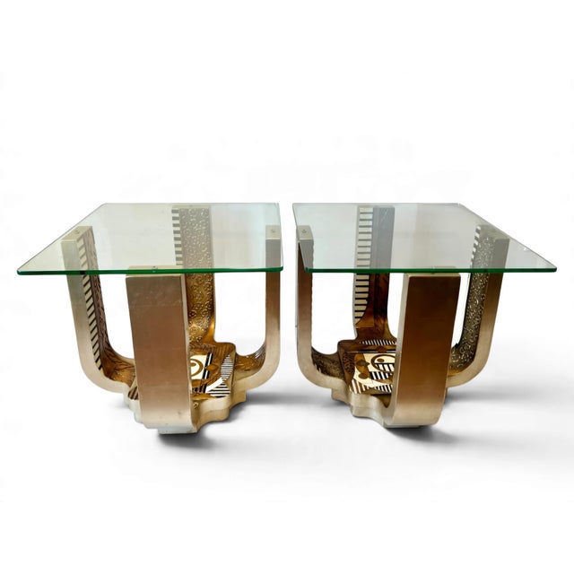 Art Deco Pair of Postmodern Memphis Style Glass Top Side Tables Attributed to Lam Lee For Sale - Image 3 of 17