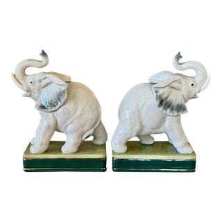 Pair of Vintage Takahashi Japanese Ceramic Elephant Bookends For Sale