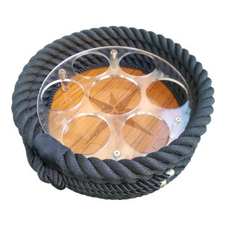 Nautical Coastal Italian Teak Wood Rope Round Lucite 7 Bottle Glass Holder Serving Tray For Sale