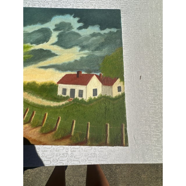Textile 1990s Farmhouse and Barn Countryside Landscape Painting on Canvas For Sale - Image 7 of 9