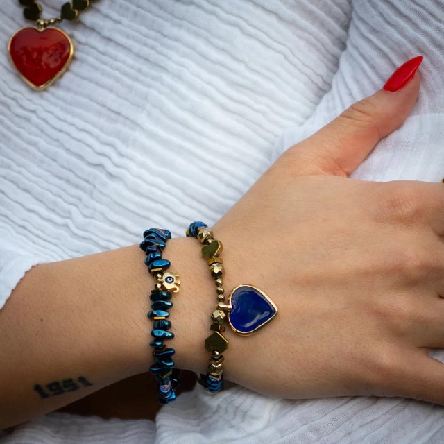 Metal Heart & Luck Blue Murano & Elephant Charm Bracelet Set For Sale - Image 7 of 9