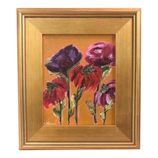 Bold Impressionist Floral Painting Including the Antiqued Gold Wood Frame For Sale