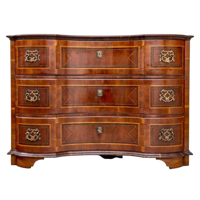 Alfonso Marina Marquetry Inlaid Chest of Drawers. Serpentine front with three incurved central drawers with bowed ends....