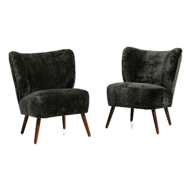 1940s Mid-Century Modern Black Wood Pair of Club Chairs For Sale