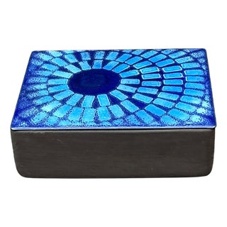 Vintage Ceramic Trinket Box With Blue Enameled Lid For Sale