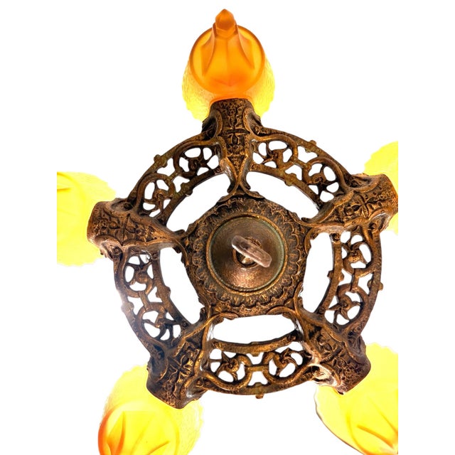 Orange 1930s 5 Light Spanish Revival With Amber Orange Glass Shades With Original Finish For Sale - Image 8 of 11