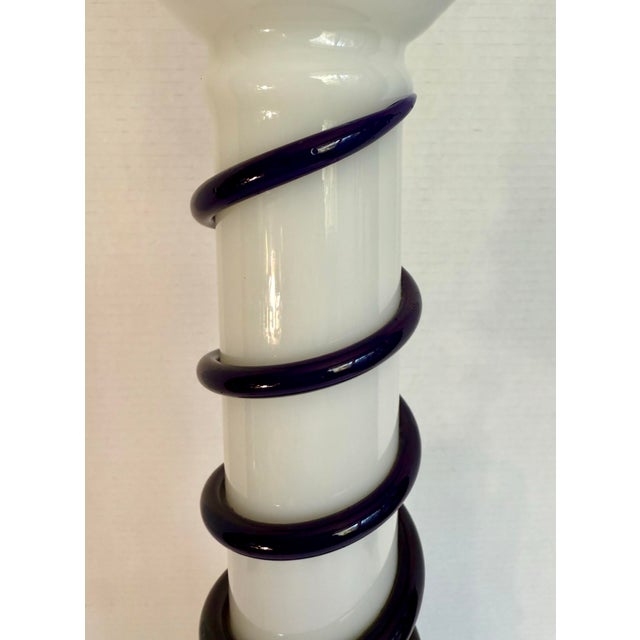 Murano Art Deco Murano Style Milk Glass & Cobalt Blue Swirl Art Glass Table Lamp For Sale - Image 4 of 12