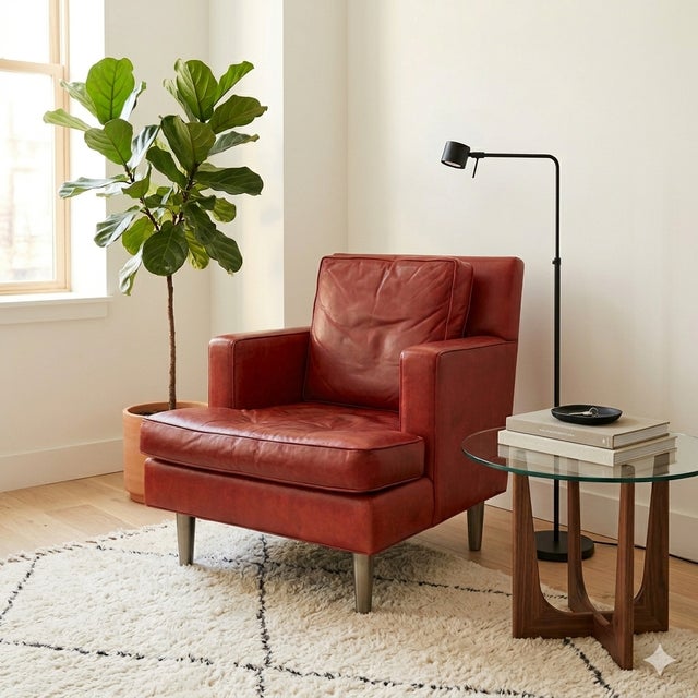Mid-Century Modern Style Coach for Baker Furn. Red Tanned Leather Club Chair For Sale - Image 9 of 9