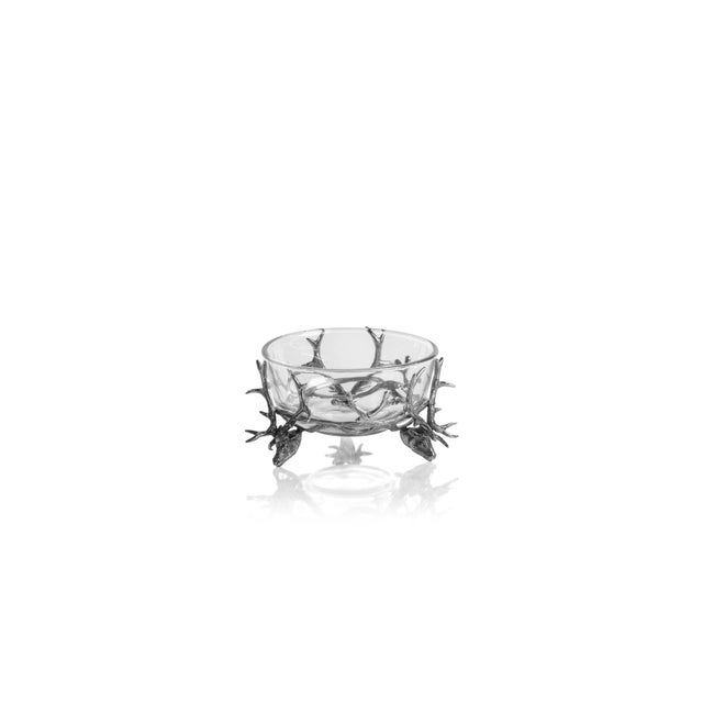 This majestic bowl features a clear glass bowl resting upon perfectly detailed pewter stag head feet and is further...