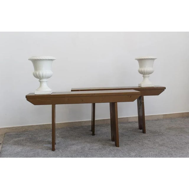 Pair of Benches in Fir Wood, Italy 50s, greenish brown color, minimal appearance, suitable for any room or set-up, in...