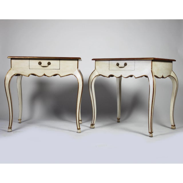 Pair of custom designed bedside tables / nightstands with scalloped apron and single drawer, cabriole legs and a hoof foot...