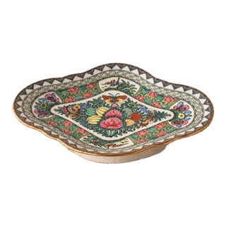 Vintage Chinese Rose Medallion Compote, Hand Painted Famille Rose Porcelain Pedestal Dish, Floral Butterfly Decorative Bowl For Sale