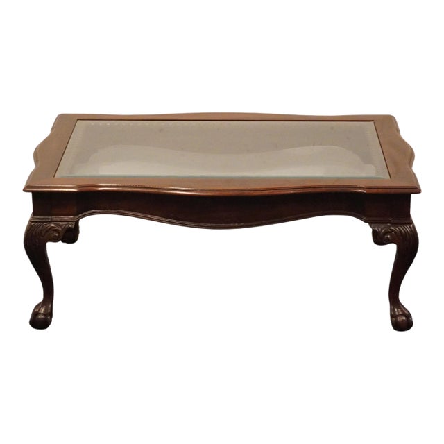 Drexel Furniture Solid Mahogany Traditional Chippendale Style Ball & Claw 44" Accent Coffee Table W. Glass Top For Sale